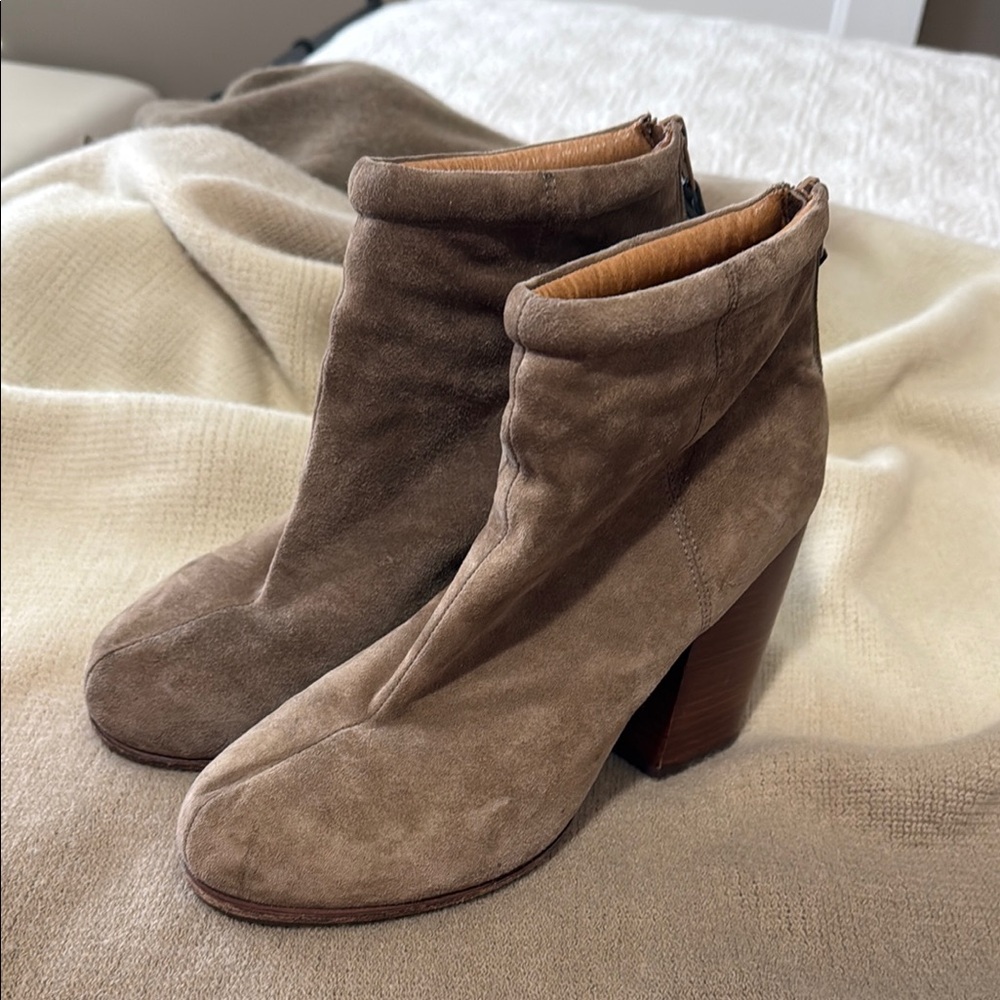 Jeffrey Campbell Rumble Tan Suede Ankle Boots with wood chunky heel